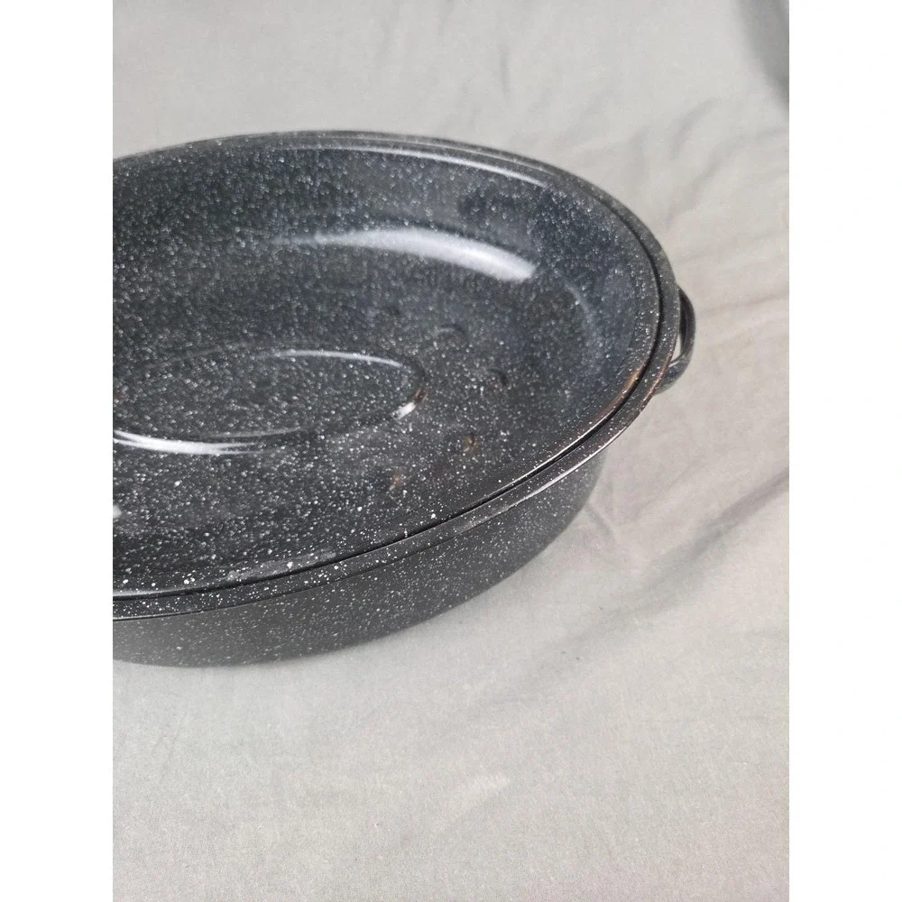 Enamelware Roaster Black Speckled Oval USA Large 16.5
